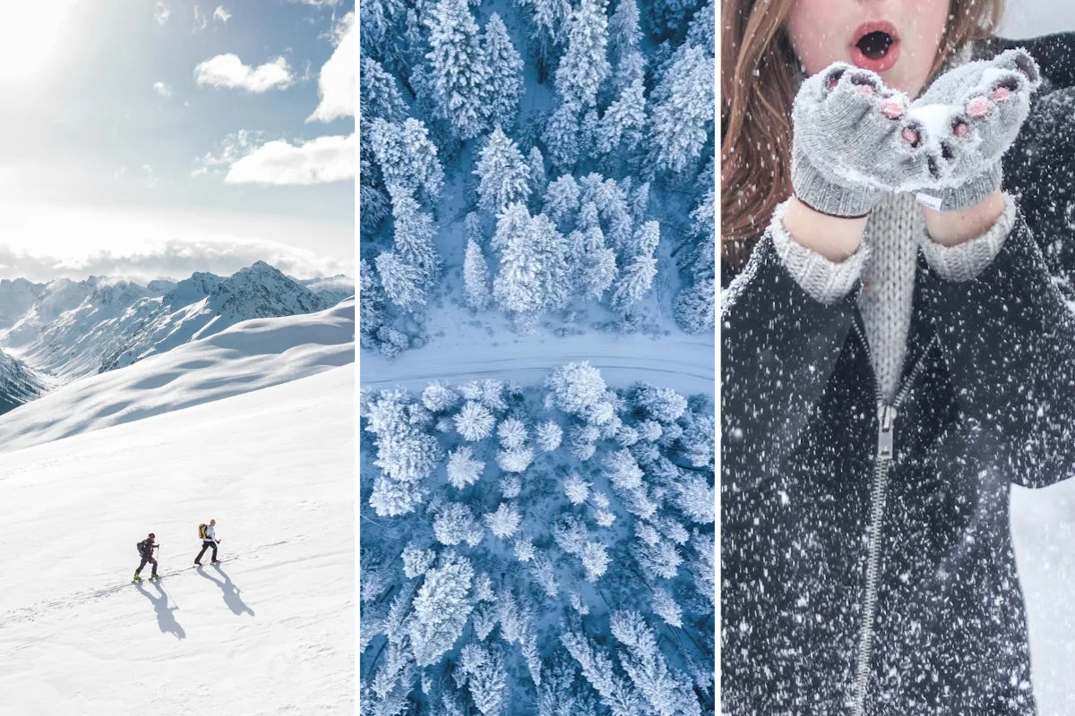 Menschen beim Wintersport, ein verschneiter Wald, eine Frau pustet Schnee von ihren Handflächen