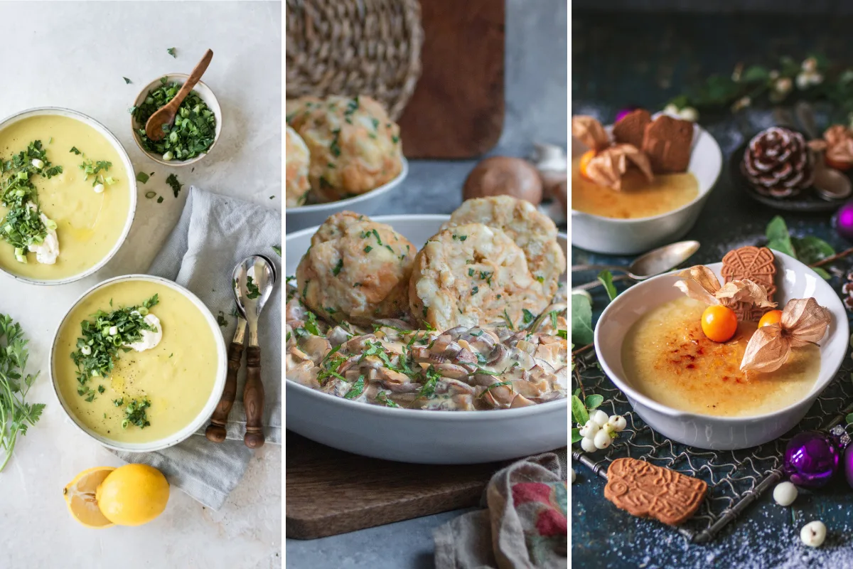 Rezeptfotos von Kartoffel-Lauch-Suppe, Rahmschwammerln mit Semmelknödeln und Spekulatius-Crème-Brûlée