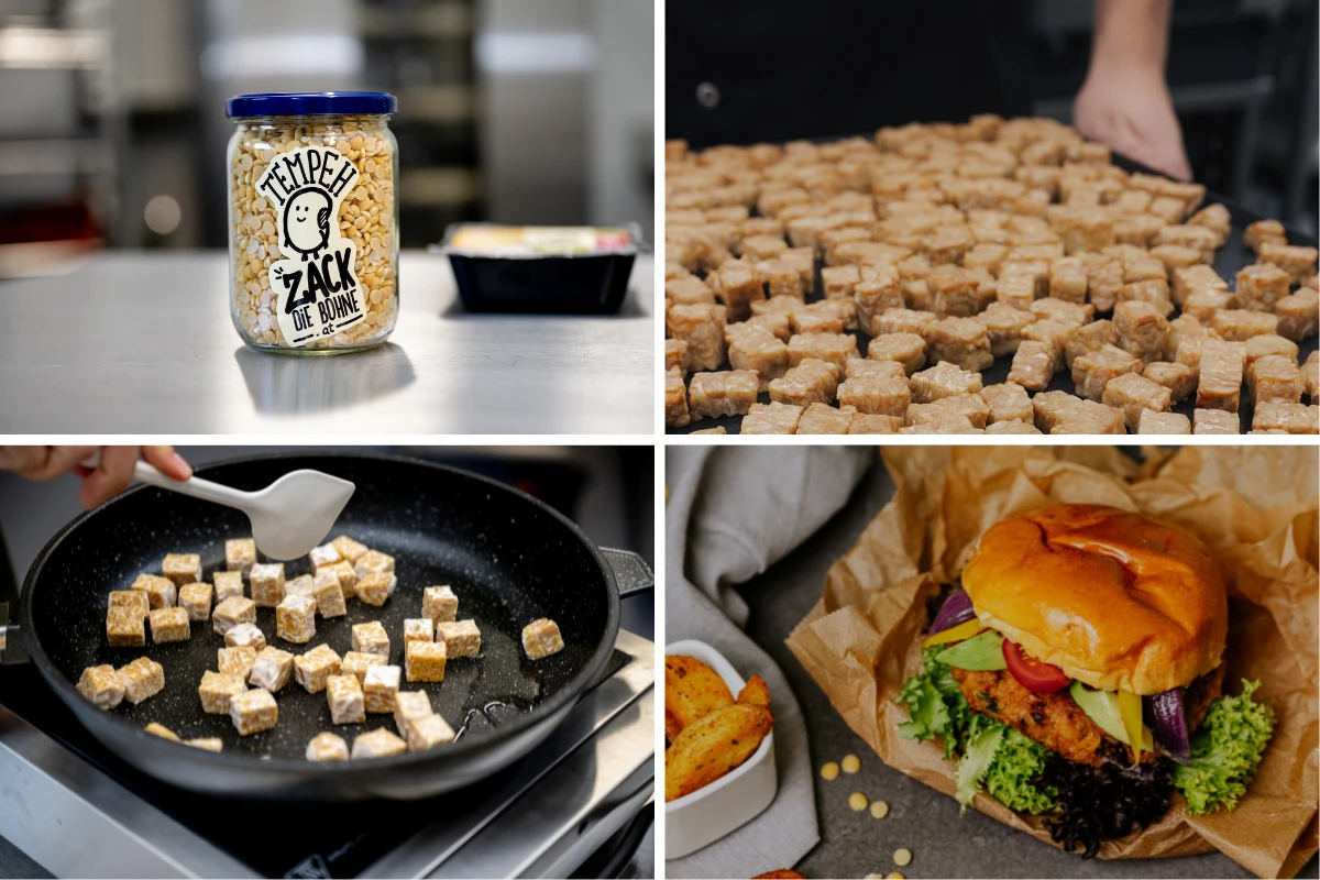 Sojabohnen im Glas, geröstete Tempeh-Würfel und ein fertig zubereiteter Burger