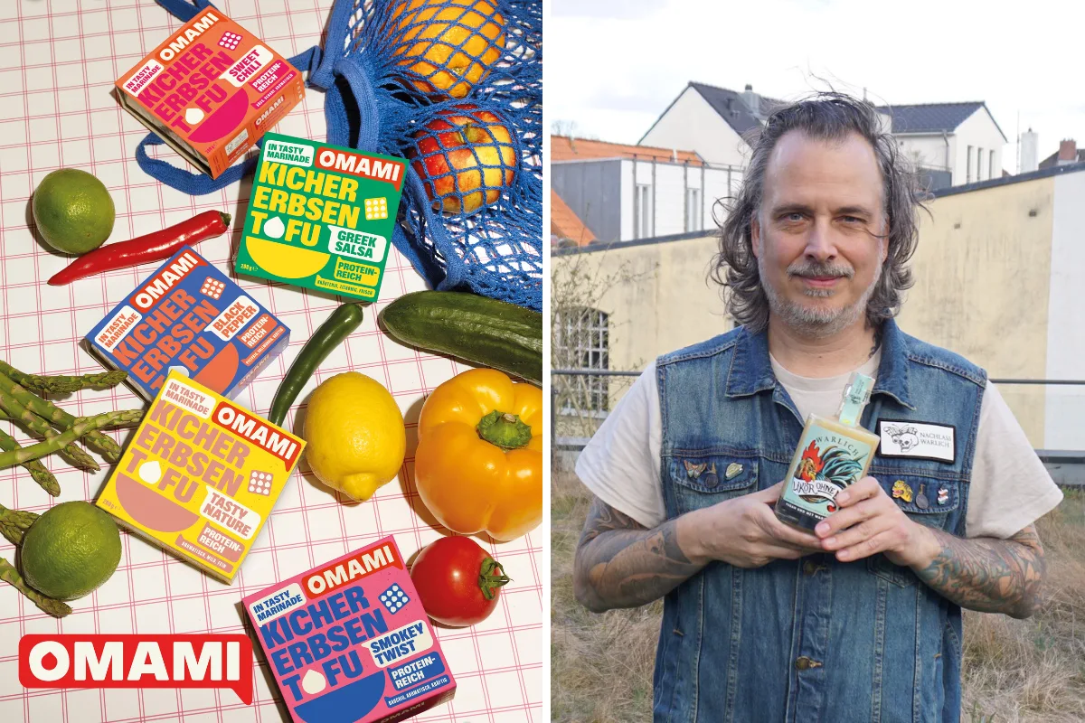 links Produkte von Omami, also Kichererbsentofu, in den Sorten Sweet Chili, Black Pepper, Taste Nature, Smokey Twist, Greek Salsa, rechts der Gründer von Warlich Rum mit dem Likör ohne Ei in den Händen