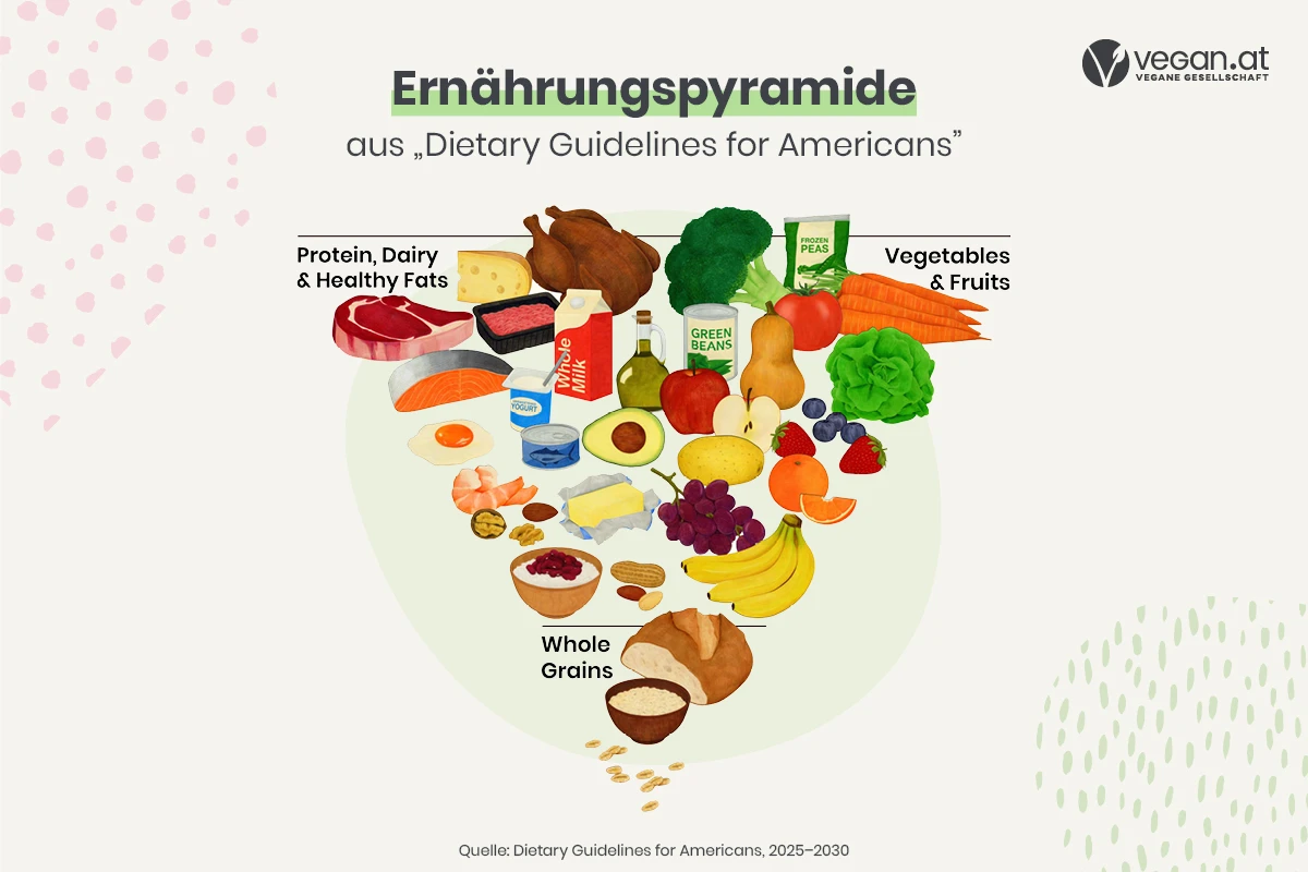 Ernährungspyramide mit Fleisch, Milchprodukten und Eiern im linken oberen Eck, rechts Gemüse und Obst, in der Spitze unten Vollkorngetreide
