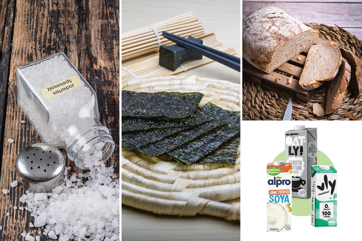 Collage mit jodiertem Speisesalz, Norialgen, Brot und angereicherter Pflanzenmilch.