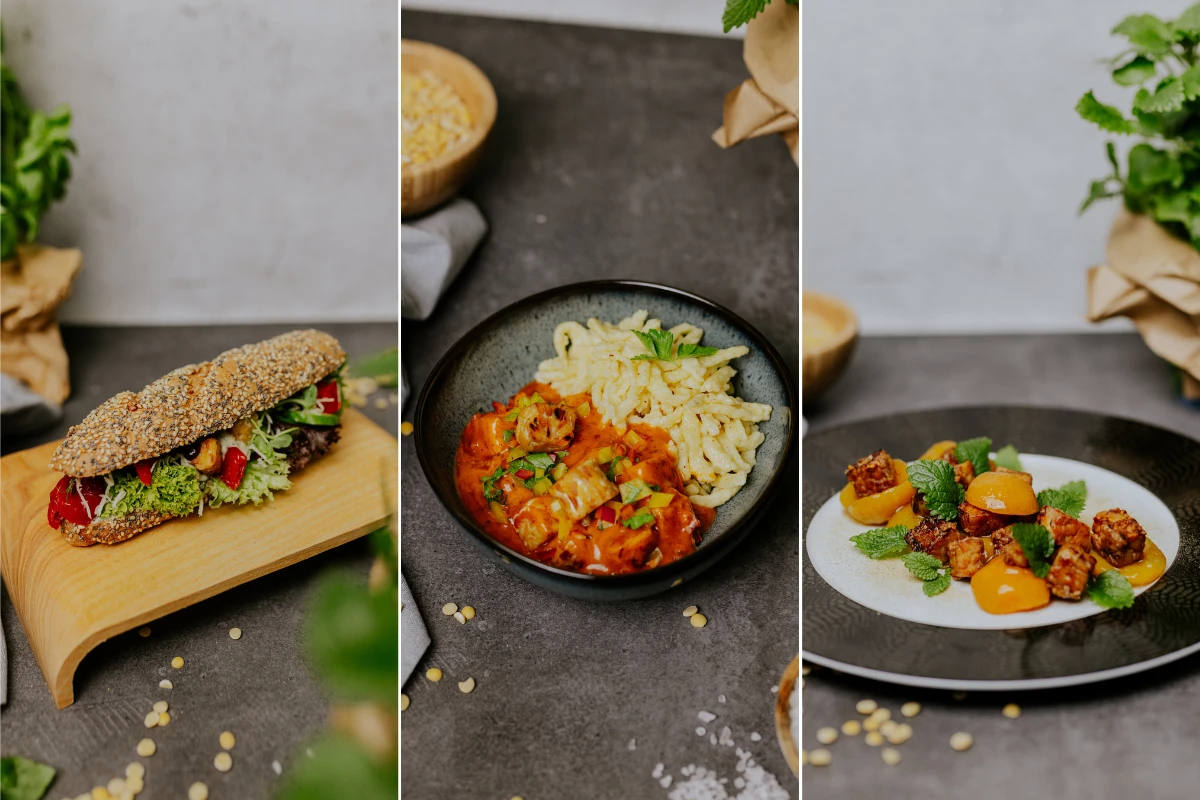 Gerichte mit Tempeh: ein belegtes Kornstangerl, Spätzle mit Paprikasauce und Tempeh auf gerösteten Marillen