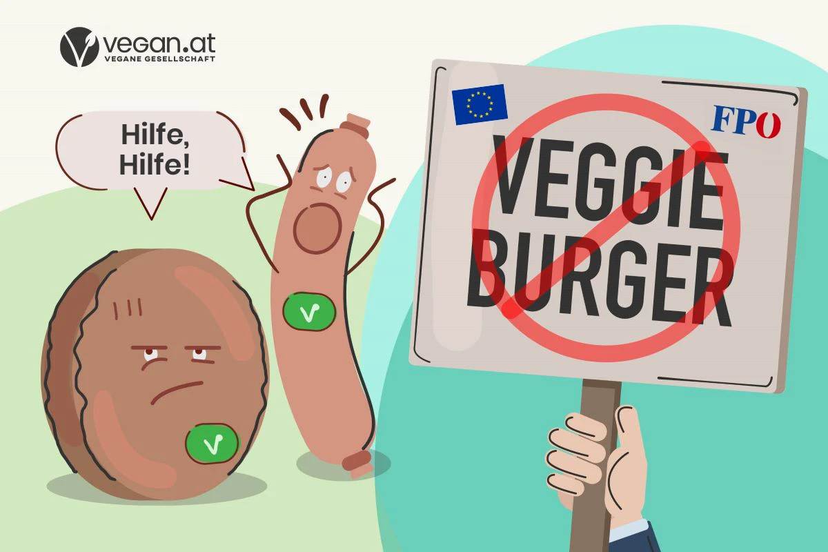 ein Burger-Patty und eine Wurst mit veganer Kennzeichnung und menschlichen Attributen sind traurig und erschrocken, weil daneben ein Schild mit der durchgestrichenen Aufschrift "Veggie-Burger" und dem Schriftzug "ÖVP" zu sehen ist